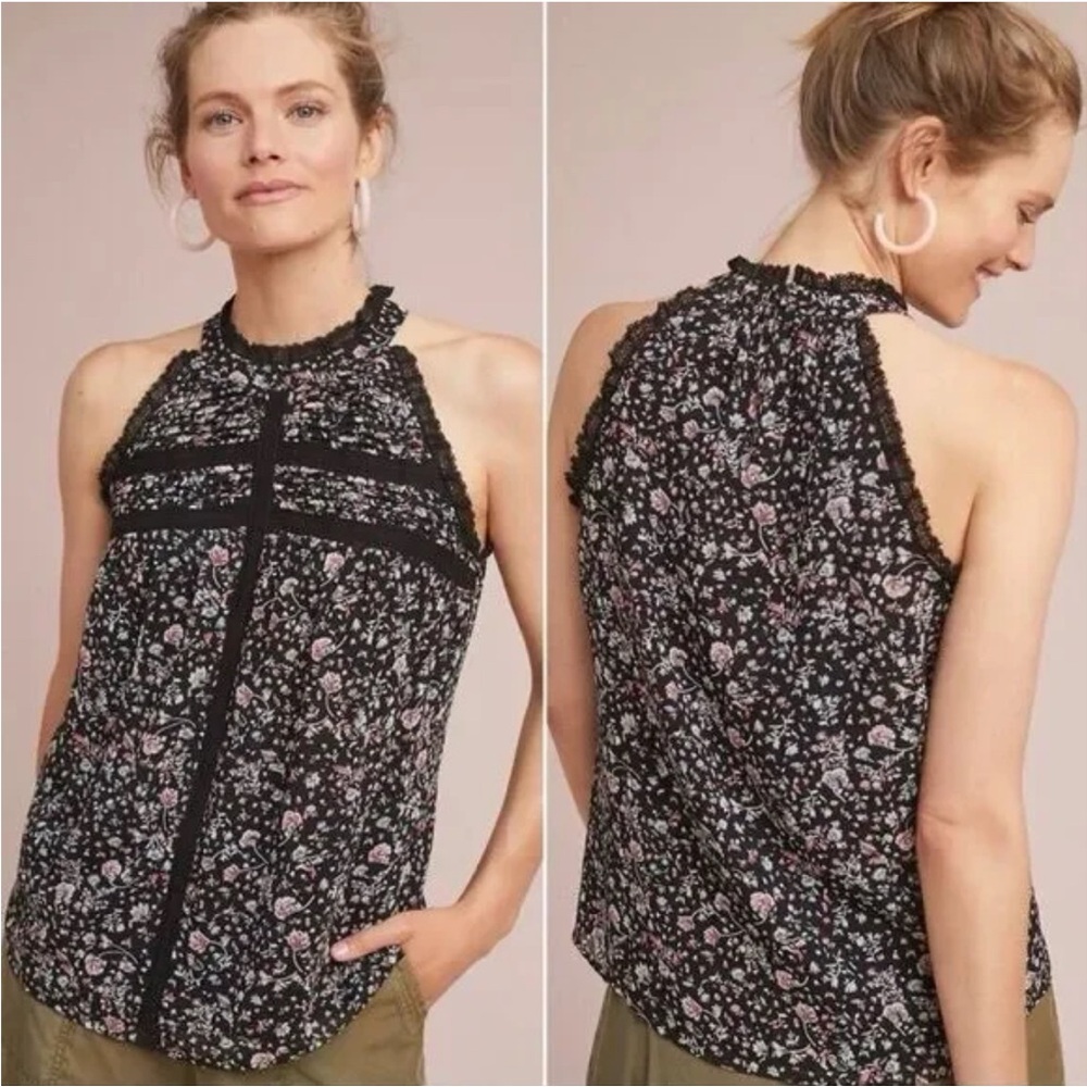 Anthropologie Maeve Lace Ruffle Trim Floral Sleeveless Halter Neck Top Size XL